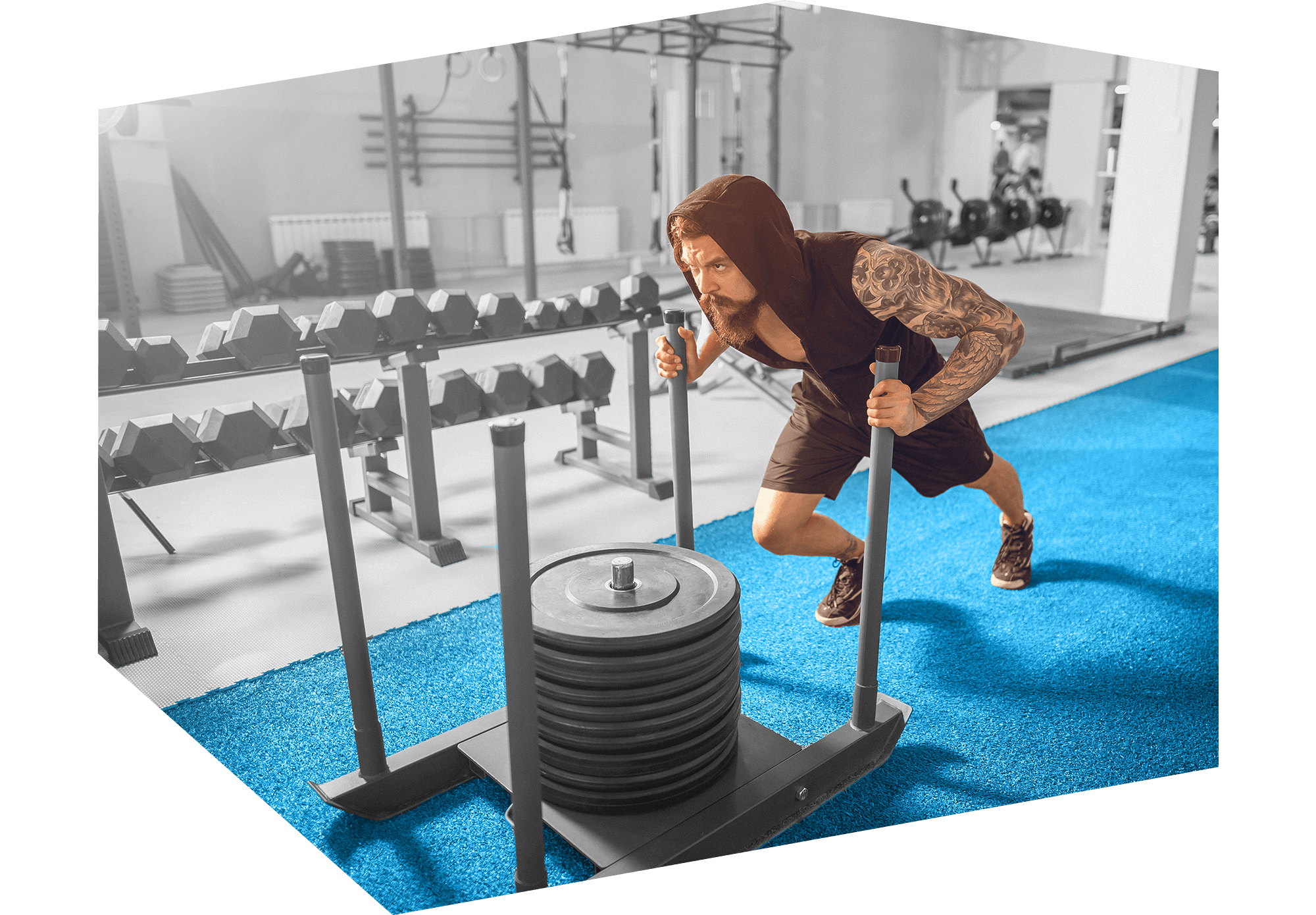 Man pushing weights on floor - polygon_2_comp