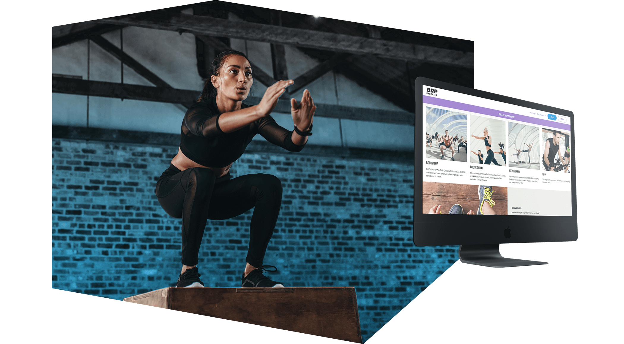 Woman jumping on box and screen with webshop - polygon_2_comp
